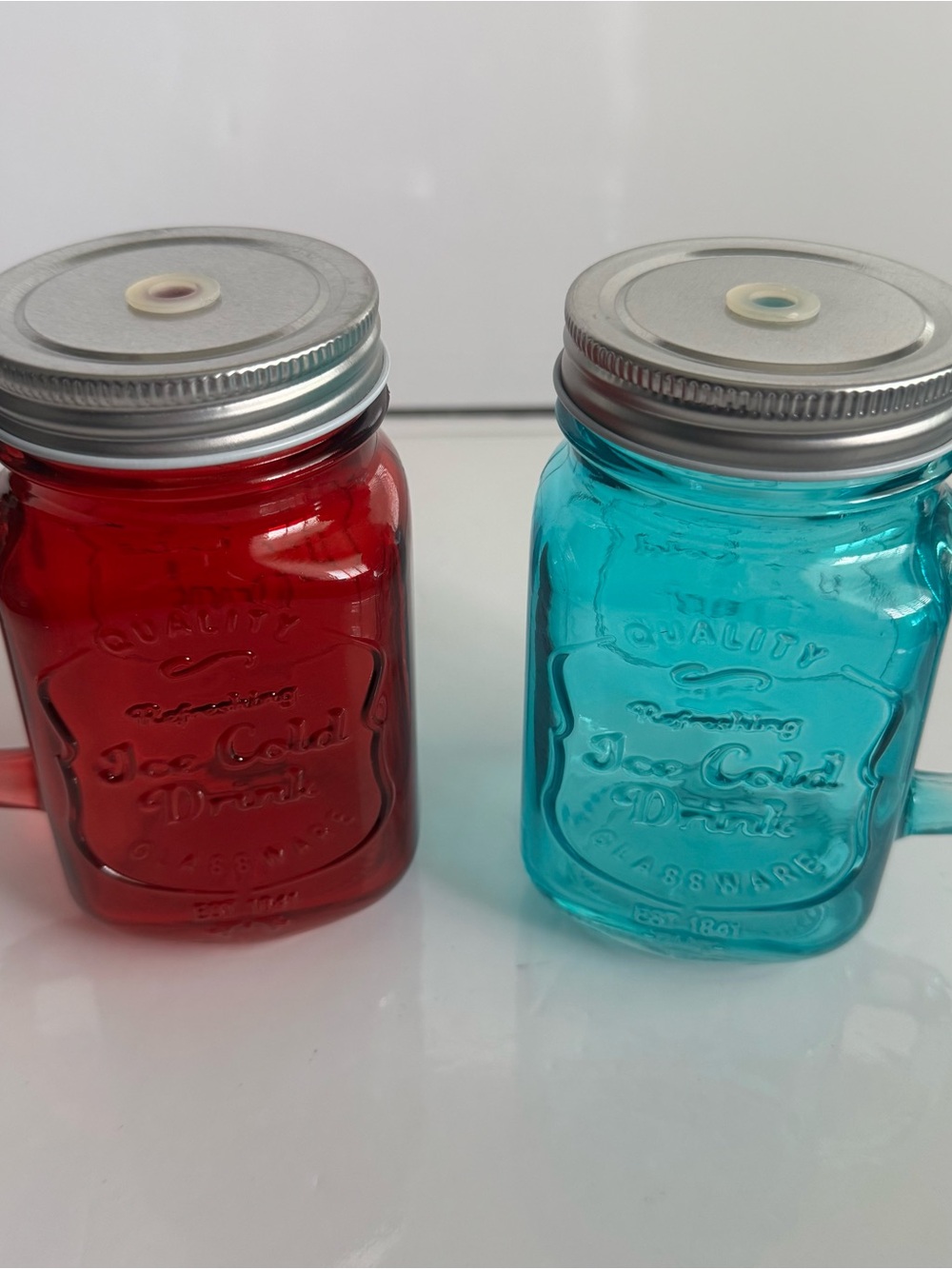CLARO 15 oz Mason Jar Drinking Mugs Red & Turquoise Set of 2 w/Lids NO STRAW